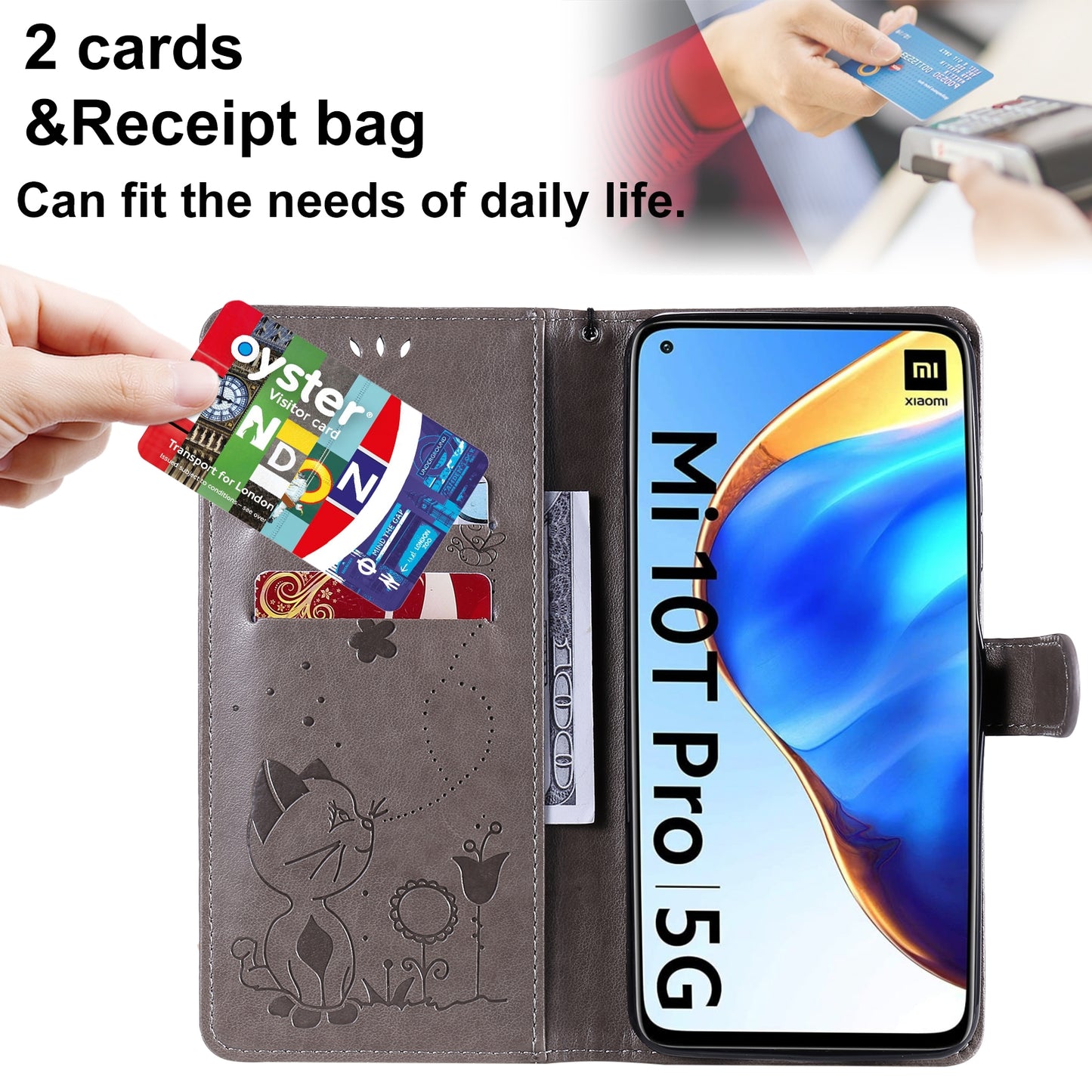 For Xiaomi 10T 5G Cat and Bee Embossed Flip Leather Phone Case Wallet Cover with Card Slots Cash Pocket Magnetic Stand Protective Shockproof TPU PU Leather Case with Wrist Strap