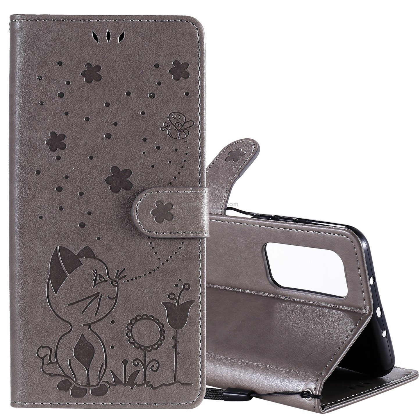 For Xiaomi 10T 5G Cat and Bee Embossed Flip Leather Phone Case Wallet Cover with Card Slots Cash Pocket Magnetic Stand Protective Shockproof TPU PU Leather Case with Wrist Strap