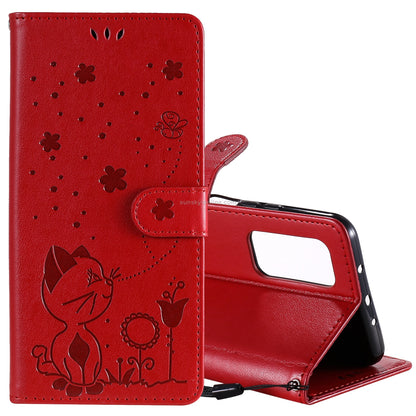 For Xiaomi 10T Pro 5G Cat and Bee Embossed Flip Leather Phone Case Wallet Cover with Card Slots Cash Pocket Magnetic Stand Protective Shockproof TPU PU Leather Case with Wrist Strap