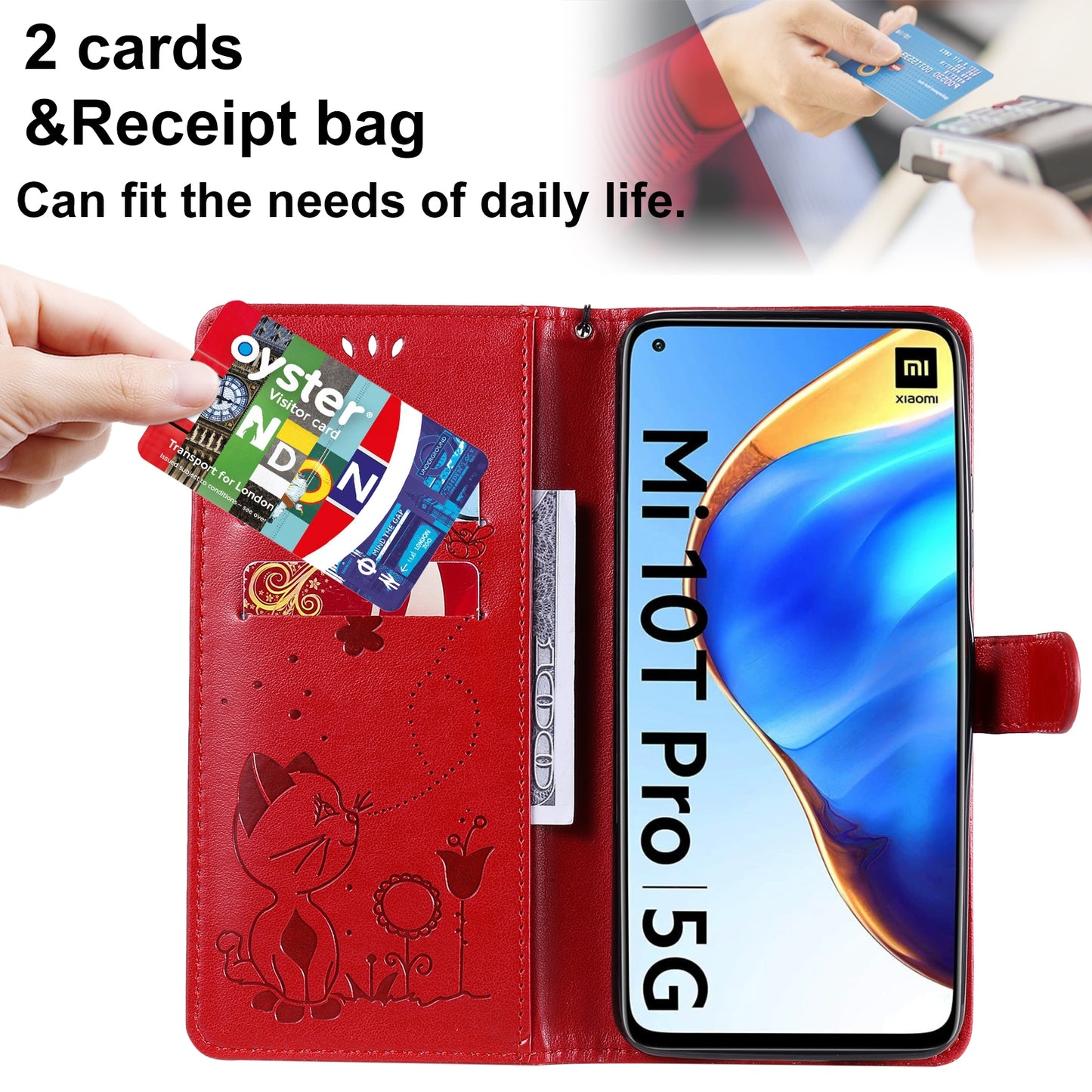 For Xiaomi 10T 5G Cat and Bee Embossed Flip Leather Phone Case Wallet Cover with Card Slots Cash Pocket Magnetic Stand Protective Shockproof TPU PU Leather Case with Wrist Strap