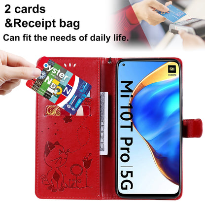 For Xiaomi 10T 5G Cat and Bee Embossed Flip Leather Phone Case Wallet Cover with Card Slots Cash Pocket Magnetic Stand Protective Shockproof TPU PU Leather Case with Wrist Strap