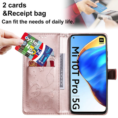 For Xiaomi 10T 5G Cat and Bee Embossed Flip Leather Phone Case Wallet Cover with Card Slots Cash Pocket Magnetic Stand Protective Shockproof TPU PU Leather Case with Wrist Strap