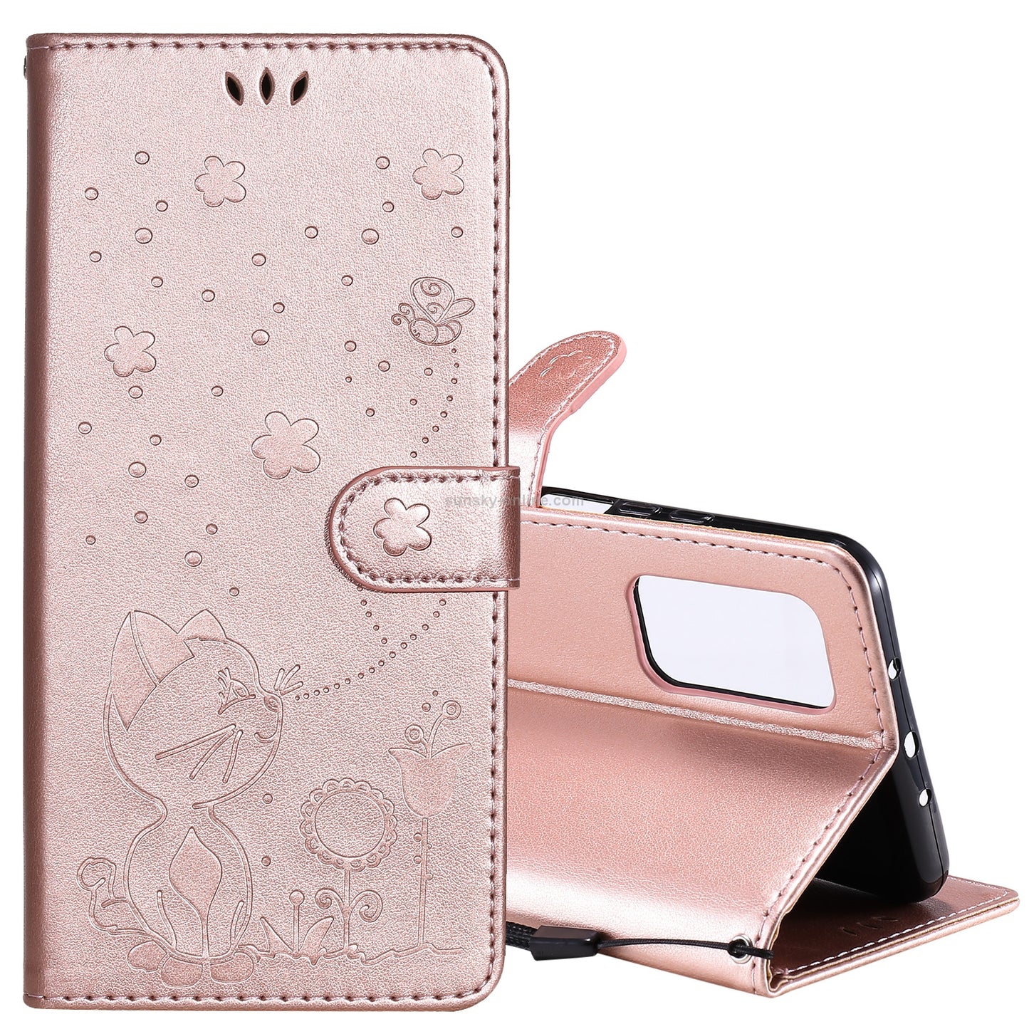 For Xiaomi 10T 5G Cat and Bee Embossed Flip Leather Phone Case Wallet Cover with Card Slots Cash Pocket Magnetic Stand Protective Shockproof TPU PU Leather Case with Wrist Strap