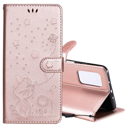 For Xiaomi 10T 5G Cat and Bee Embossed Flip Leather Phone Case Wallet Cover with Card Slots Cash Pocket Magnetic Stand Protective Shockproof TPU PU Leather Case with Wrist Strap