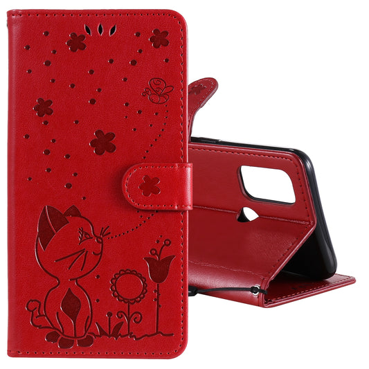 For OPPO A53 (2020) Cat and Bee Embossed Flip Leather Phone Case Wallet Cover with Card Slots Cash Pocket Magnetic Stand Protective Shockproof TPU PU Leather Case with Wrist Strap