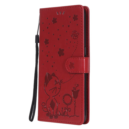 For OPPO A53s Cat and Bee Embossed Flip Leather Phone Case Wallet Cover with Card Slots Cash Pocket Magnetic Stand Protective Shockproof TPU PU Leather Case with Wrist Strap