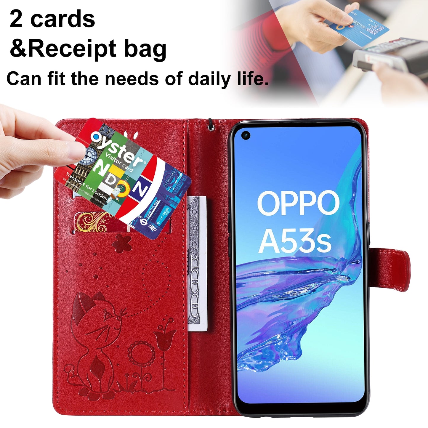 For OPPO A53s Cat and Bee Embossed Flip Leather Phone Case Wallet Cover with Card Slots Cash Pocket Magnetic Stand Protective Shockproof TPU PU Leather Case with Wrist Strap