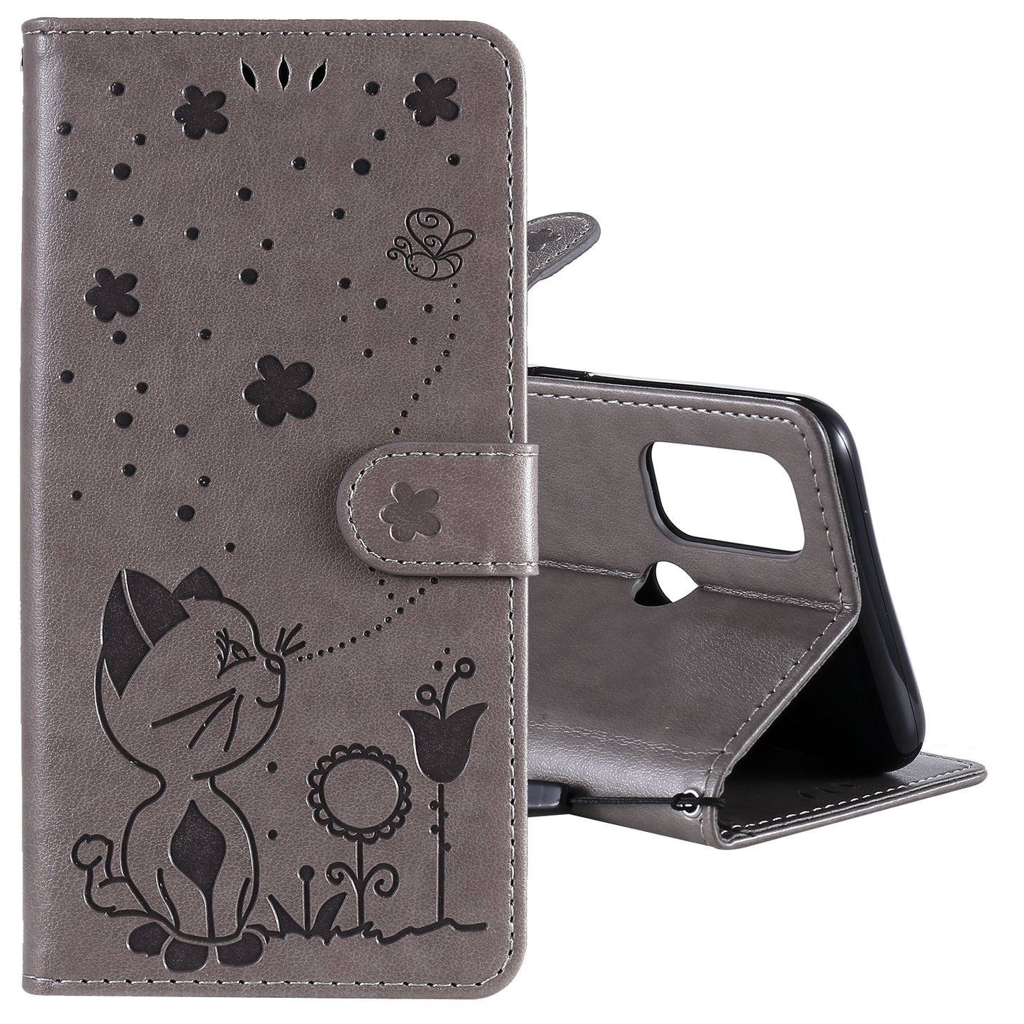 For OPPO A53 (2020) Cat and Bee Embossed Flip Leather Phone Case Wallet Cover with Card Slots Cash Pocket Magnetic Stand Protective Shockproof TPU PU Leather Case with Wrist Strap
