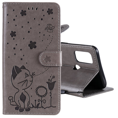 For OPPO A53 (2020) Cat and Bee Embossed Flip Leather Phone Case Wallet Cover with Card Slots Cash Pocket Magnetic Stand Protective Shockproof TPU PU Leather Case with Wrist Strap