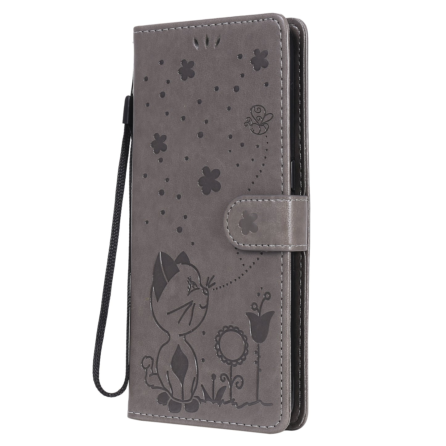 For OPPO A53 (2020) Cat and Bee Embossed Flip Leather Phone Case Wallet Cover with Card Slots Cash Pocket Magnetic Stand Protective Shockproof TPU PU Leather Case with Wrist Strap