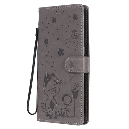 For OPPO A53 (2020) Cat and Bee Embossed Flip Leather Phone Case Wallet Cover with Card Slots Cash Pocket Magnetic Stand Protective Shockproof TPU PU Leather Case with Wrist Strap