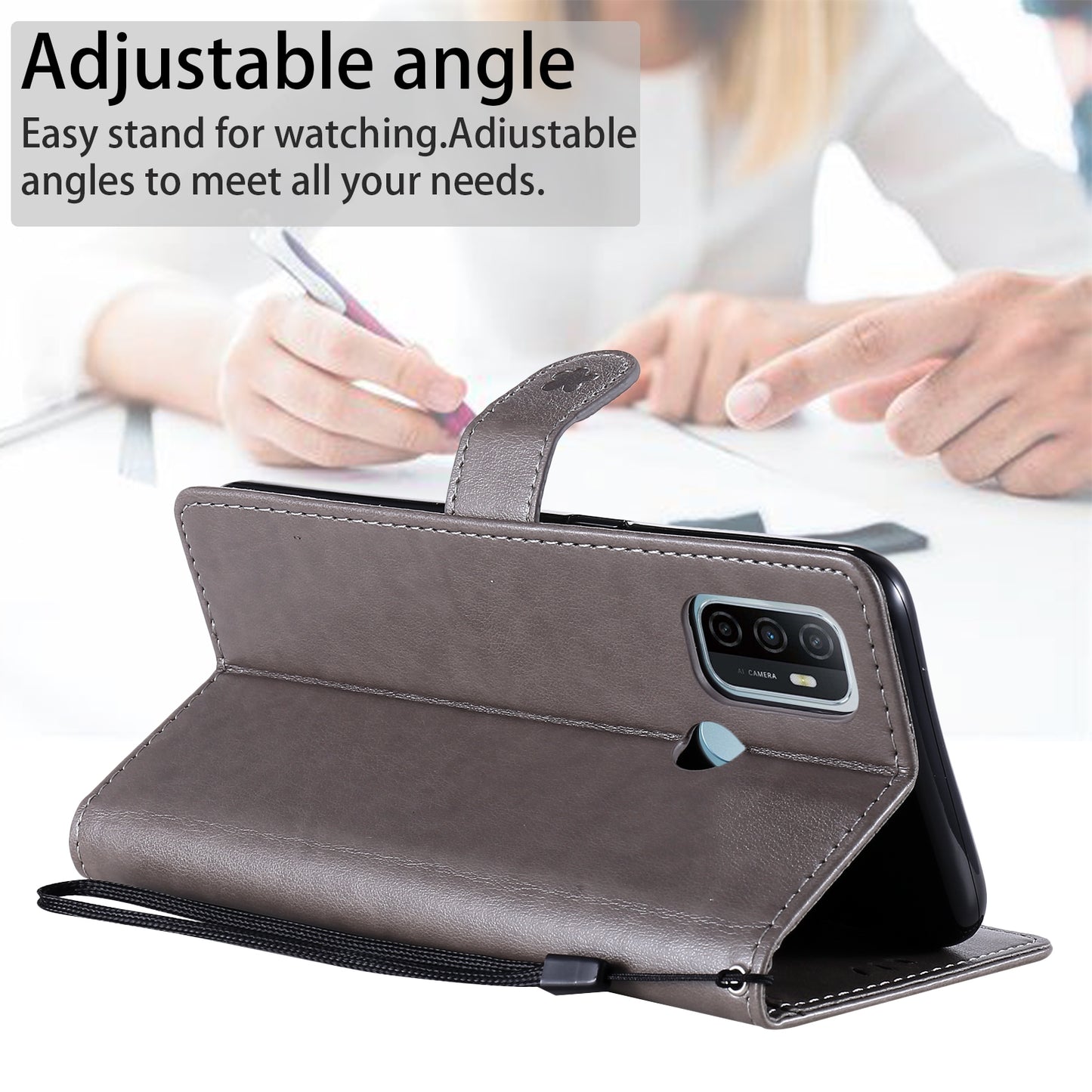 For OPPO A53s Cat and Bee Embossed Flip Leather Phone Case Wallet Cover with Card Slots Cash Pocket Magnetic Stand Protective Shockproof TPU PU Leather Case with Wrist Strap