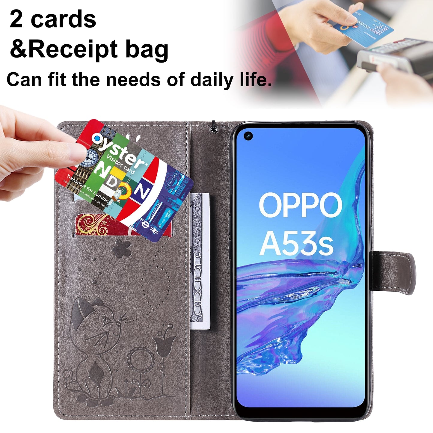 For OPPO A53 (2020) Cat and Bee Embossed Flip Leather Phone Case Wallet Cover with Card Slots Cash Pocket Magnetic Stand Protective Shockproof TPU PU Leather Case with Wrist Strap