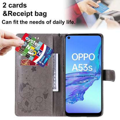 For OPPO A53 (2020) Cat and Bee Embossed Flip Leather Phone Case Wallet Cover with Card Slots Cash Pocket Magnetic Stand Protective Shockproof TPU PU Leather Case with Wrist Strap