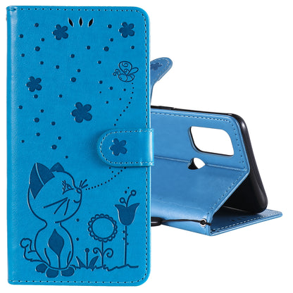 For OPPO A53 (2020) Cat and Bee Embossed Flip Leather Phone Case Wallet Cover with Card Slots Cash Pocket Magnetic Stand Protective Shockproof TPU PU Leather Case with Wrist Strap
