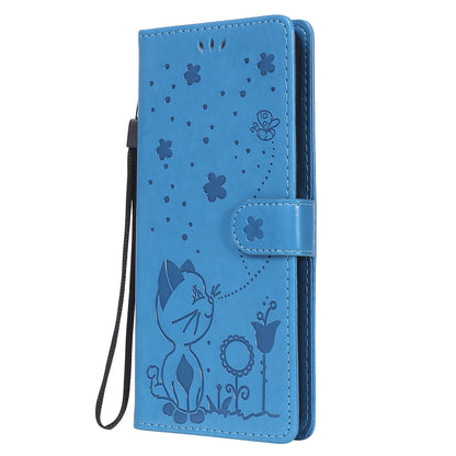 For OPPO A53 (2020) Cat and Bee Embossed Flip Leather Phone Case Wallet Cover with Card Slots Cash Pocket Magnetic Stand Protective Shockproof TPU PU Leather Case with Wrist Strap