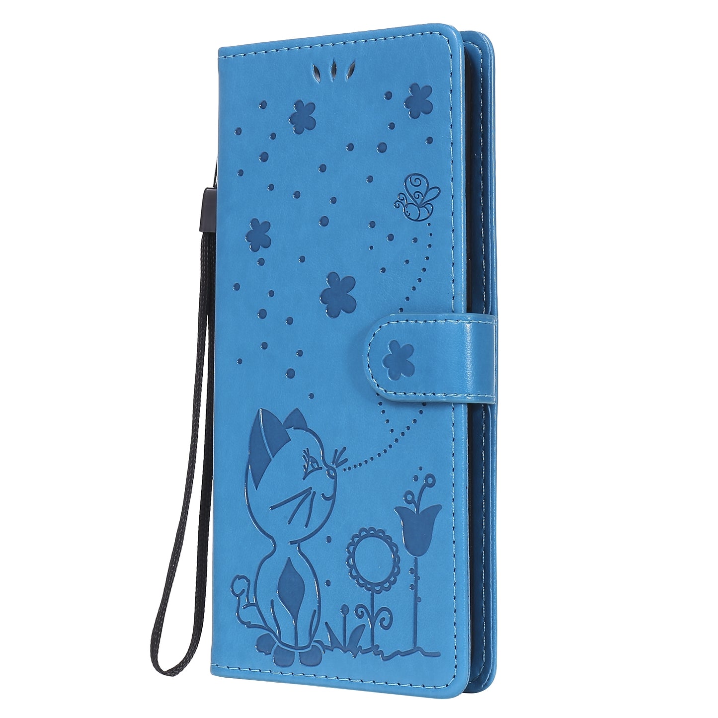 For OPPO A53s Cat and Bee Embossed Flip Leather Phone Case Wallet Cover with Card Slots Cash Pocket Magnetic Stand Protective Shockproof TPU PU Leather Case with Wrist Strap