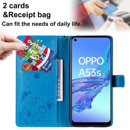 For OPPO A53 (2020) Cat and Bee Embossed Flip Leather Phone Case Wallet Cover with Card Slots Cash Pocket Magnetic Stand Protective Shockproof TPU PU Leather Case with Wrist Strap