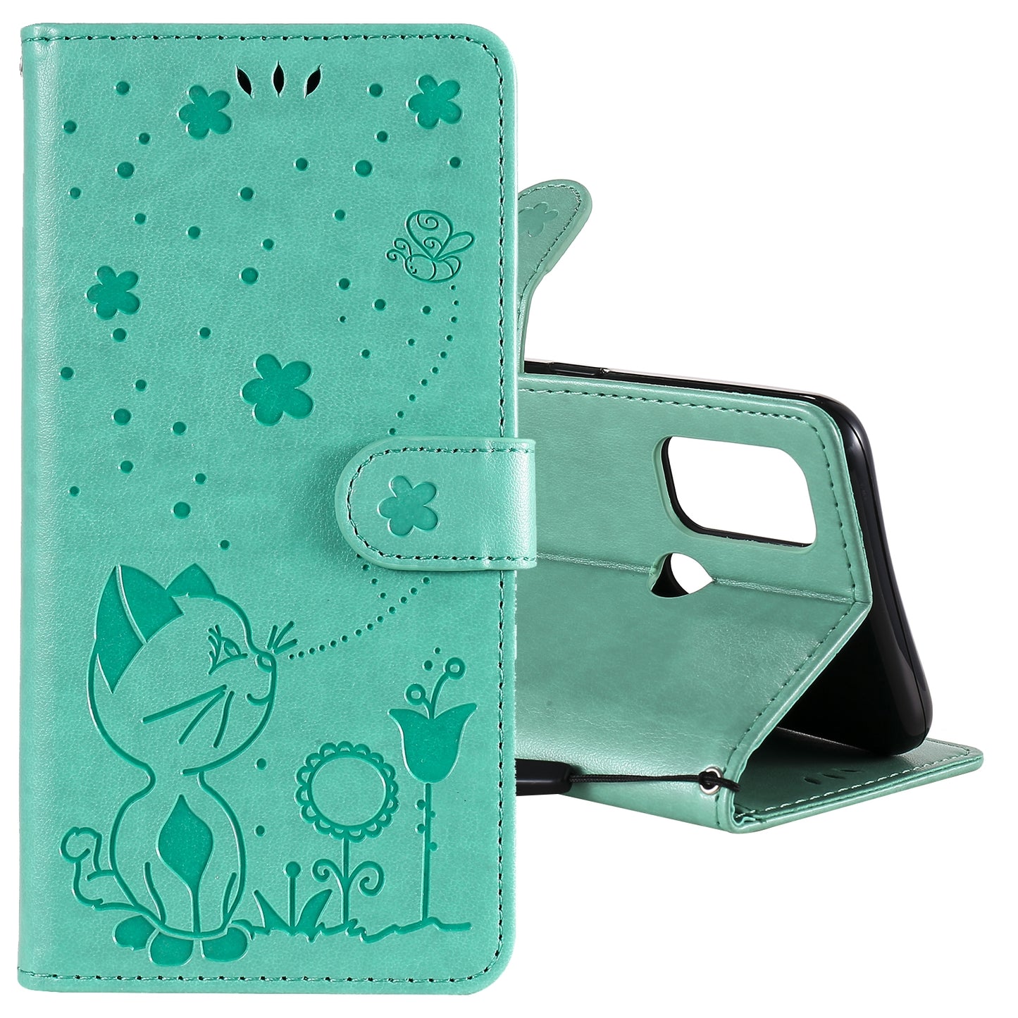 For OPPO A53 (2020) Cat and Bee Embossed Flip Leather Phone Case Wallet Cover with Card Slots Cash Pocket Magnetic Stand Protective Shockproof TPU PU Leather Case with Wrist Strap