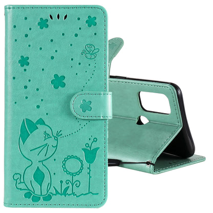 For OPPO A53 (2020) Cat and Bee Embossed Flip Leather Phone Case Wallet Cover with Card Slots Cash Pocket Magnetic Stand Protective Shockproof TPU PU Leather Case with Wrist Strap