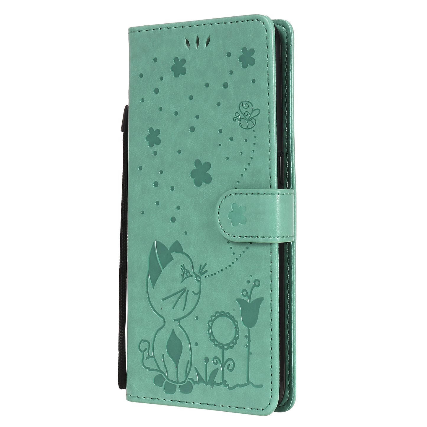 For OPPO A53 (2020) Cat and Bee Embossed Flip Leather Phone Case Wallet Cover with Card Slots Cash Pocket Magnetic Stand Protective Shockproof TPU PU Leather Case with Wrist Strap