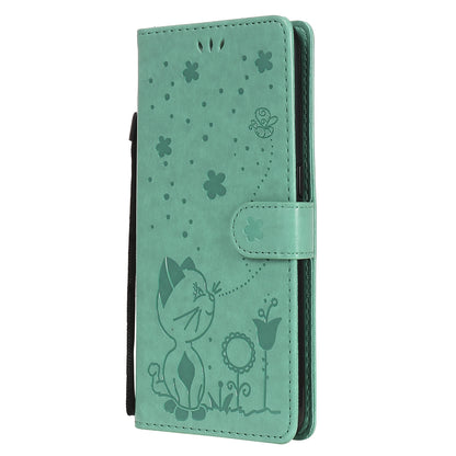 For OPPO A53s Cat and Bee Embossed Flip Leather Phone Case Wallet Cover with Card Slots Cash Pocket Magnetic Stand Protective Shockproof TPU PU Leather Case with Wrist Strap