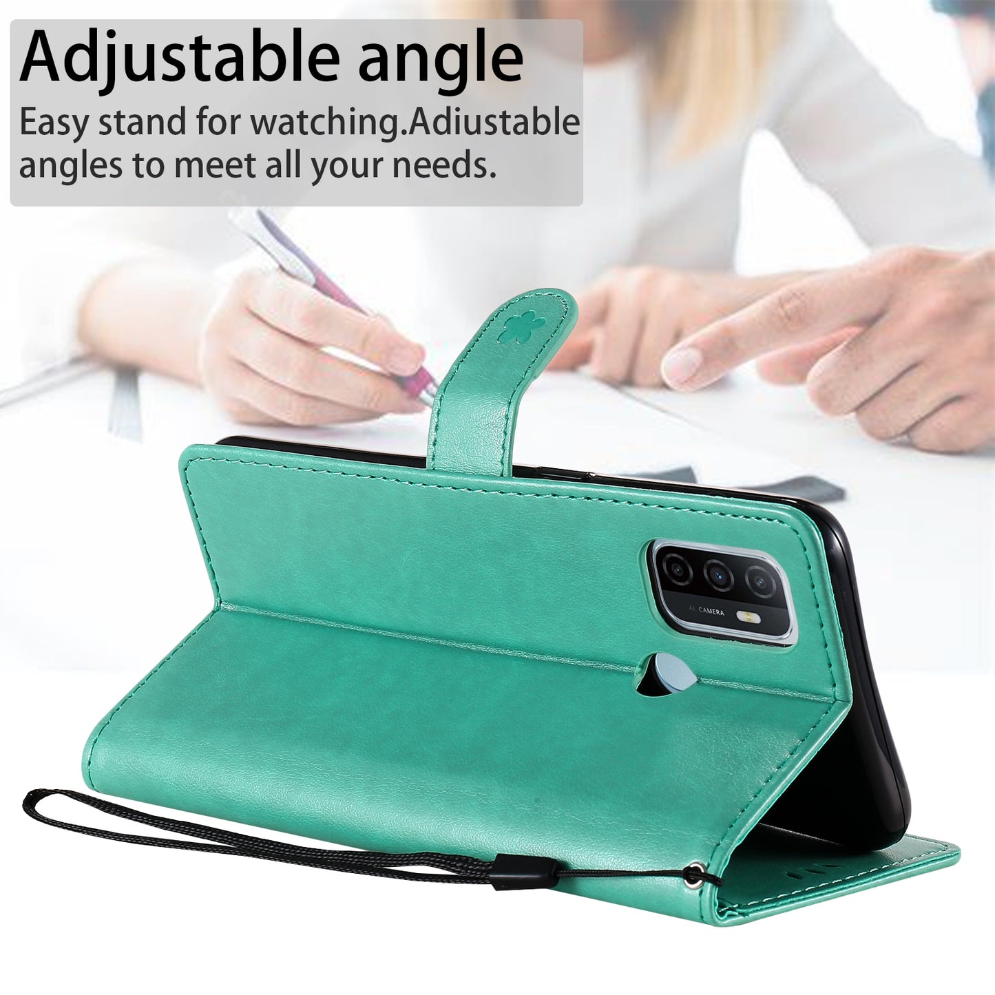 For OPPO A53s Cat and Bee Embossed Flip Leather Phone Case Wallet Cover with Card Slots Cash Pocket Magnetic Stand Protective Shockproof TPU PU Leather Case with Wrist Strap