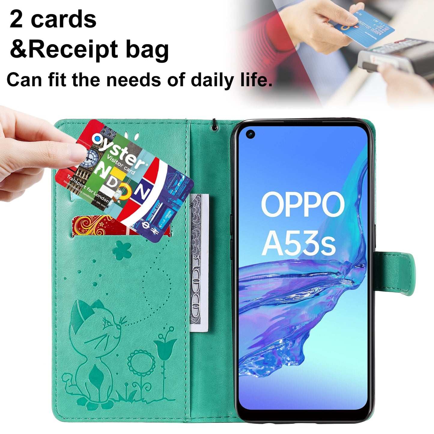 For OPPO A53 (2020) Cat and Bee Embossed Flip Leather Phone Case Wallet Cover with Card Slots Cash Pocket Magnetic Stand Protective Shockproof TPU PU Leather Case with Wrist Strap