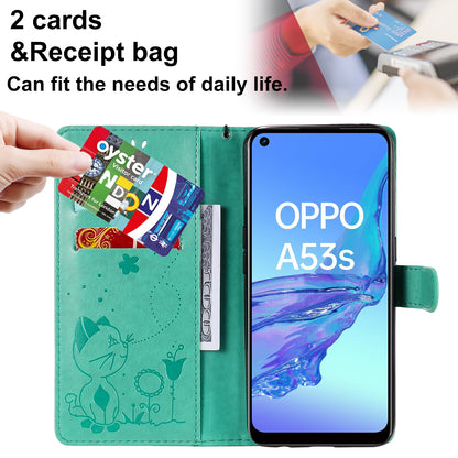 For OPPO A53 (2020) Cat and Bee Embossed Flip Leather Phone Case Wallet Cover with Card Slots Cash Pocket Magnetic Stand Protective Shockproof TPU PU Leather Case with Wrist Strap