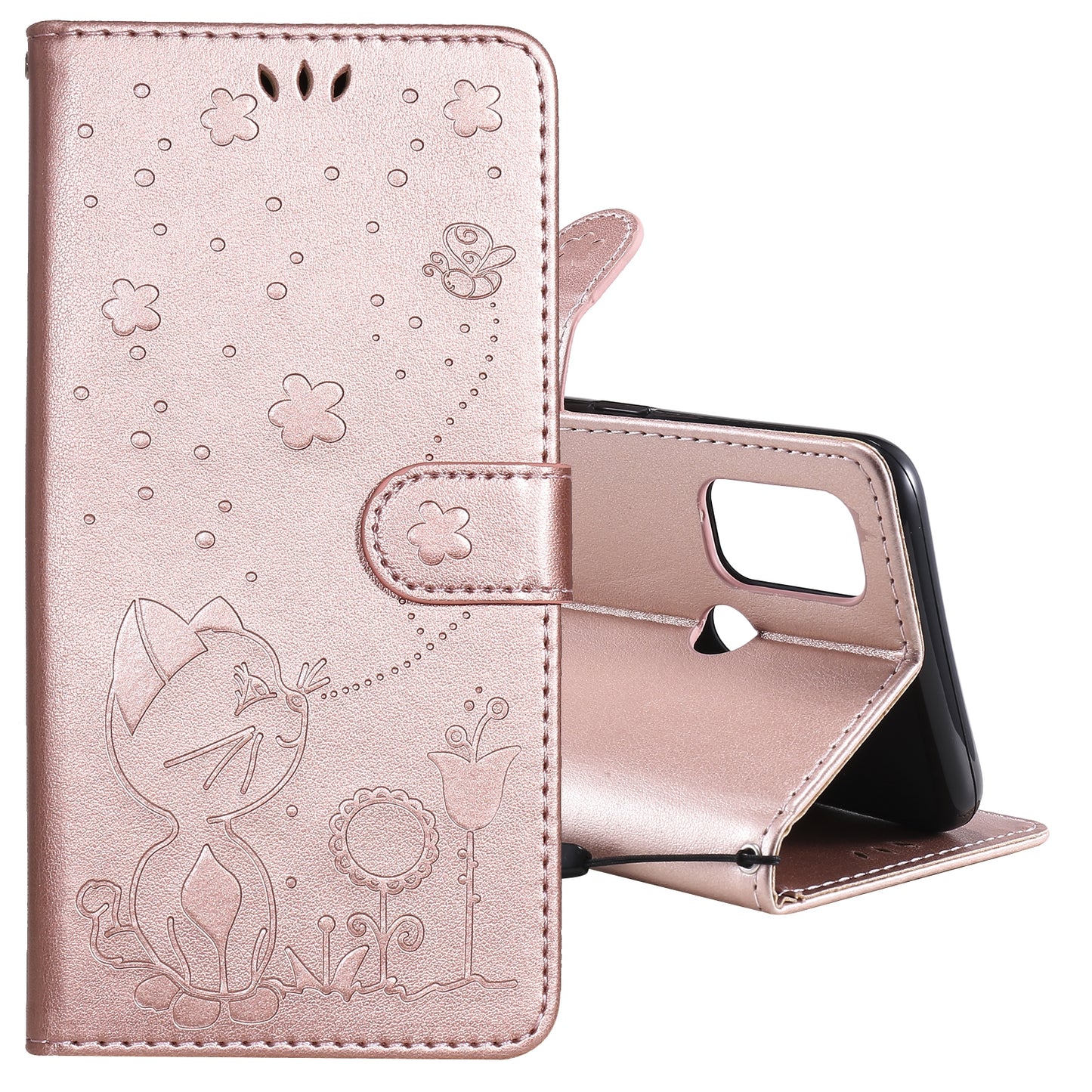 For OPPO A53 (2020) Cat and Bee Embossed Flip Leather Phone Case Wallet Cover with Card Slots Cash Pocket Magnetic Stand Protective Shockproof TPU PU Leather Case with Wrist Strap