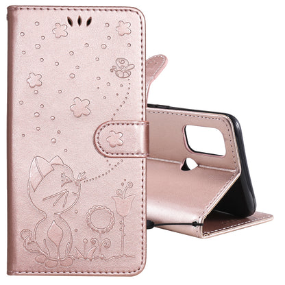For OPPO A53 (2020) Cat and Bee Embossed Flip Leather Phone Case Wallet Cover with Card Slots Cash Pocket Magnetic Stand Protective Shockproof TPU PU Leather Case with Wrist Strap