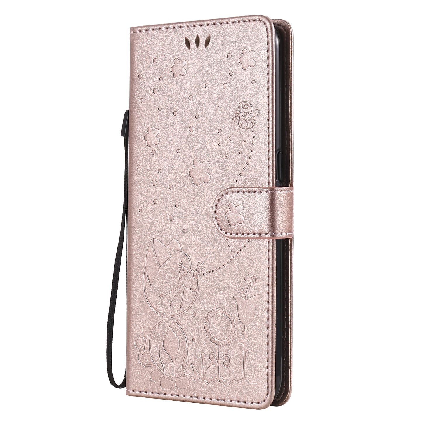 For OPPO A53 (2020) Cat and Bee Embossed Flip Leather Phone Case Wallet Cover with Card Slots Cash Pocket Magnetic Stand Protective Shockproof TPU PU Leather Case with Wrist Strap