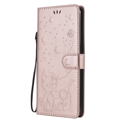 For OPPO A53 (2020) Cat and Bee Embossed Flip Leather Phone Case Wallet Cover with Card Slots Cash Pocket Magnetic Stand Protective Shockproof TPU PU Leather Case with Wrist Strap