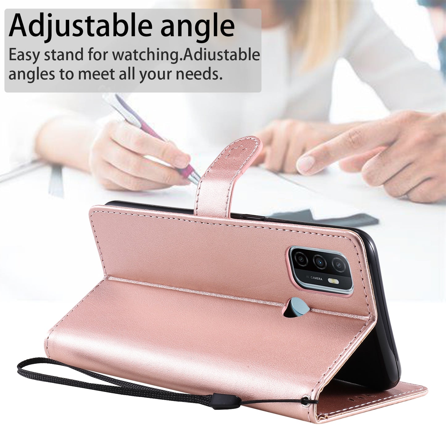 For OPPO A53s Cat and Bee Embossed Flip Leather Phone Case Wallet Cover with Card Slots Cash Pocket Magnetic Stand Protective Shockproof TPU PU Leather Case with Wrist Strap