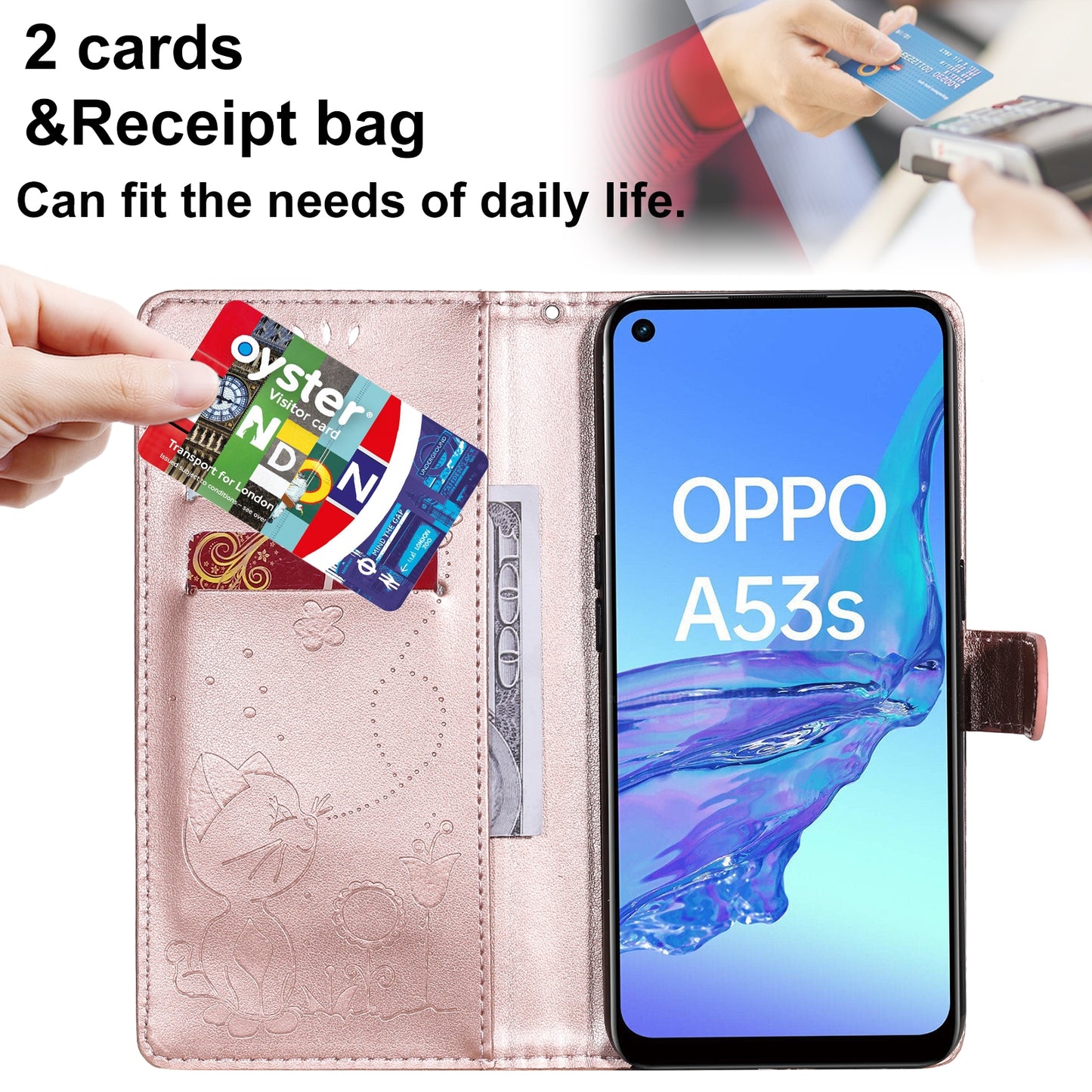 For OPPO A53 (2020) Cat and Bee Embossed Flip Leather Phone Case Wallet Cover with Card Slots Cash Pocket Magnetic Stand Protective Shockproof TPU PU Leather Case with Wrist Strap