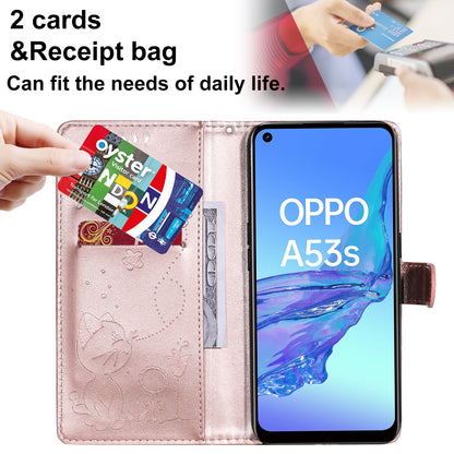 For OPPO A53 (2020) Cat and Bee Embossed Flip Leather Phone Case Wallet Cover with Card Slots Cash Pocket Magnetic Stand Protective Shockproof TPU PU Leather Case with Wrist Strap