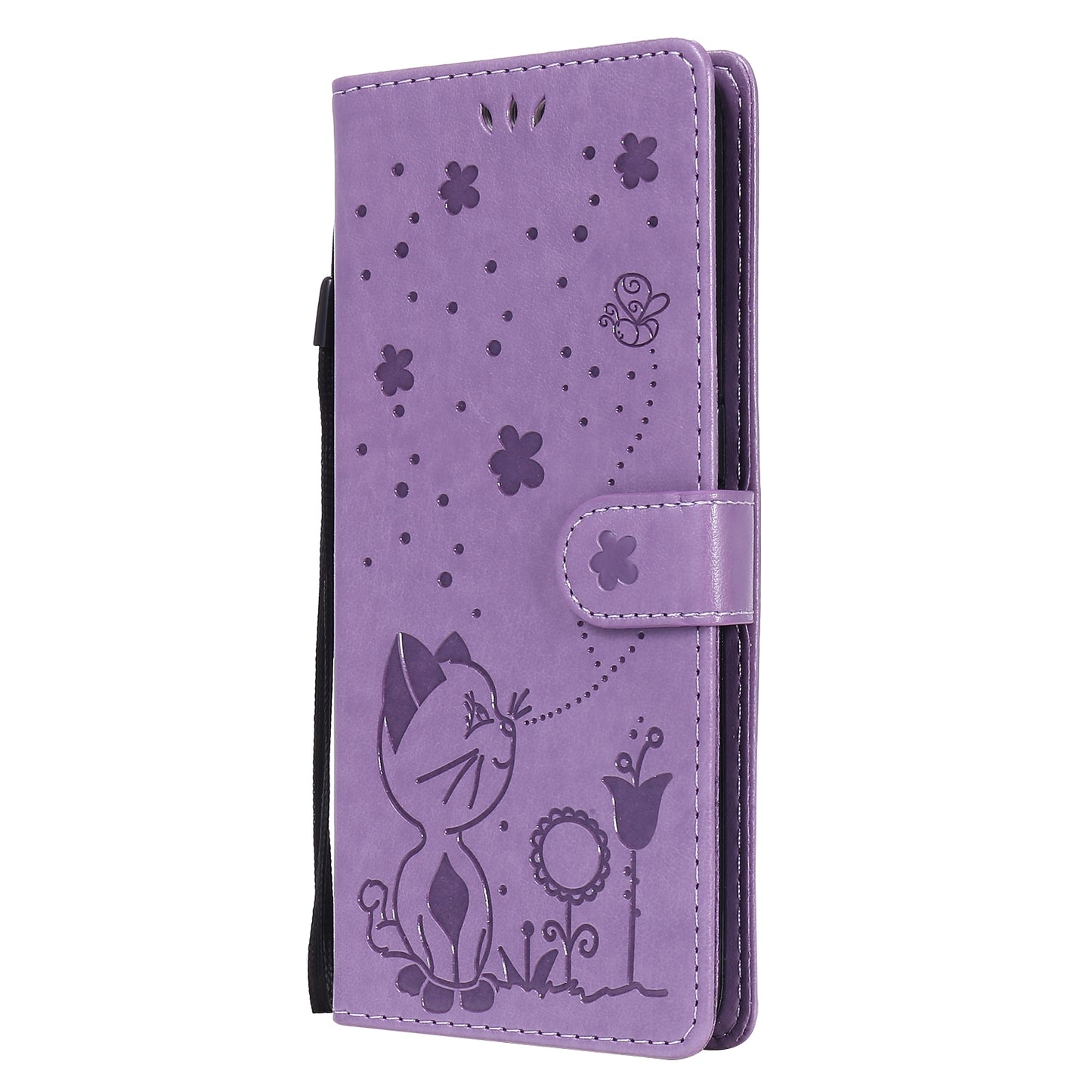 For OPPO A53 (2020) Cat and Bee Embossed Flip Leather Phone Case Wallet Cover with Card Slots Cash Pocket Magnetic Stand Protective Shockproof TPU PU Leather Case with Wrist Strap