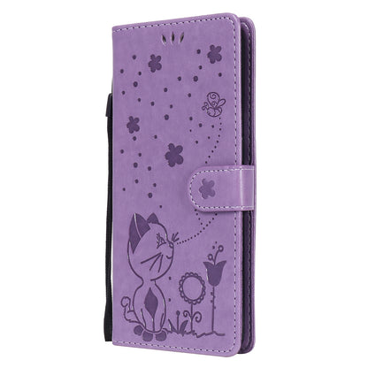 For OPPO A53 (2020) Cat and Bee Embossed Flip Leather Phone Case Wallet Cover with Card Slots Cash Pocket Magnetic Stand Protective Shockproof TPU PU Leather Case with Wrist Strap