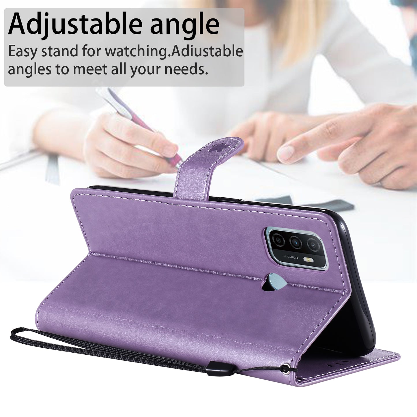 For OPPO A53s Cat and Bee Embossed Flip Leather Phone Case Wallet Cover with Card Slots Cash Pocket Magnetic Stand Protective Shockproof TPU PU Leather Case with Wrist Strap