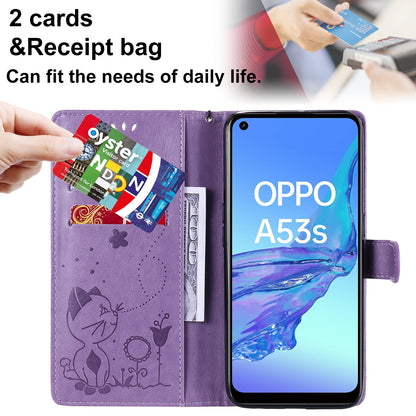 For OPPO A53 (2020) Cat and Bee Embossed Flip Leather Phone Case Wallet Cover with Card Slots Cash Pocket Magnetic Stand Protective Shockproof TPU PU Leather Case with Wrist Strap