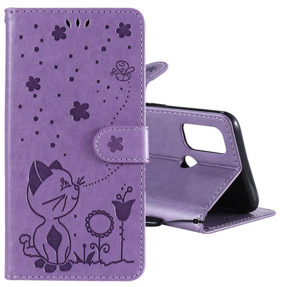 For OPPO A53s Cat and Bee Embossed Flip Leather Phone Case Wallet Cover with Card Slots Cash Pocket Magnetic Stand Protective Shockproof TPU PU Leather Case with Wrist Strap