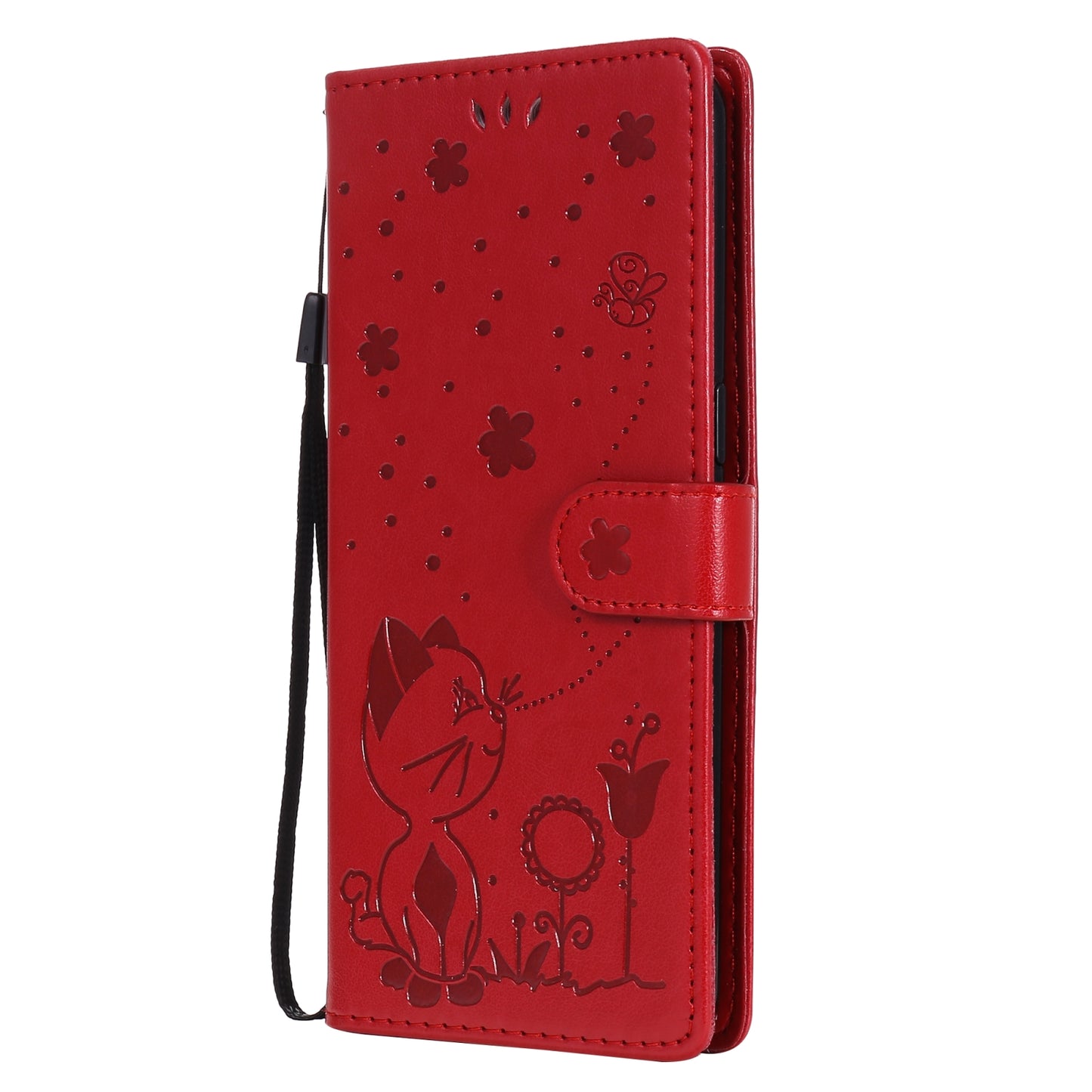 For OPPO F17 Pro Cat and Bee Embossed Flip Leather Phone Case Wallet Cover with Card Slots Cash Pocket Magnetic Stand Protective Shockproof TPU PU Leather Case with Wrist Strap