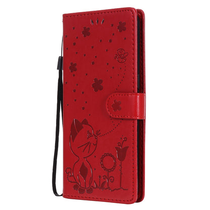 For OPPO F17 Pro Cat and Bee Embossed Flip Leather Phone Case Wallet Cover with Card Slots Cash Pocket Magnetic Stand Protective Shockproof TPU PU Leather Case with Wrist Strap