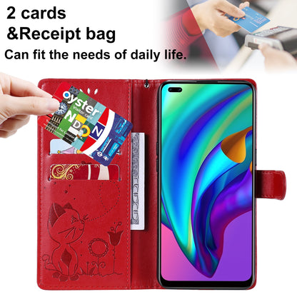 For OPPO Reno4 Lite Cat and Bee Embossed Flip Leather Phone Case Wallet Cover with Card Slots Cash Pocket Magnetic Stand Protective Shockproof TPU PU Leather Case with Wrist Strap