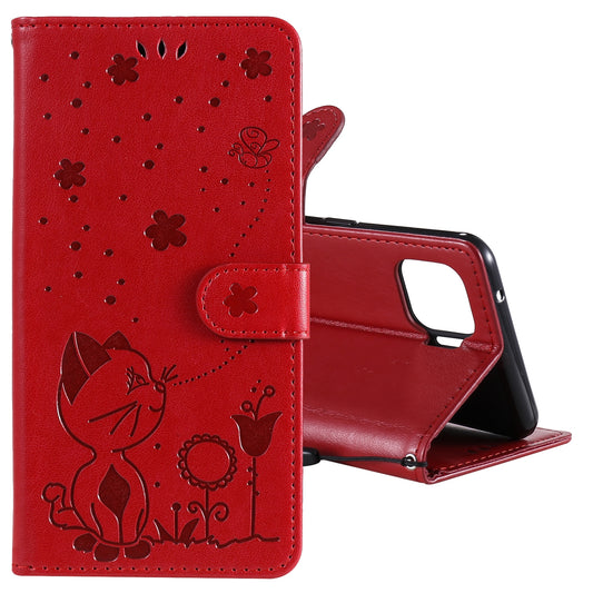 For OPPO Reno4 Lite Cat and Bee Embossed Flip Leather Phone Case Wallet Cover with Card Slots Cash Pocket Magnetic Stand Protective Shockproof TPU PU Leather Case with Wrist Strap