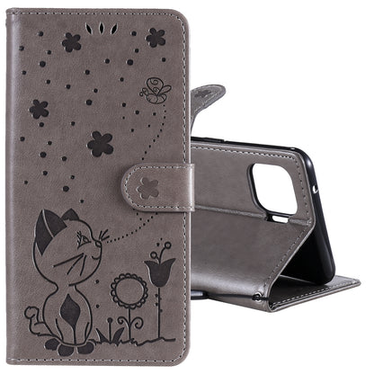 For OPPO F17 Pro Cat and Bee Embossed Flip Leather Phone Case Wallet Cover with Card Slots Cash Pocket Magnetic Stand Protective Shockproof TPU PU Leather Case with Wrist Strap