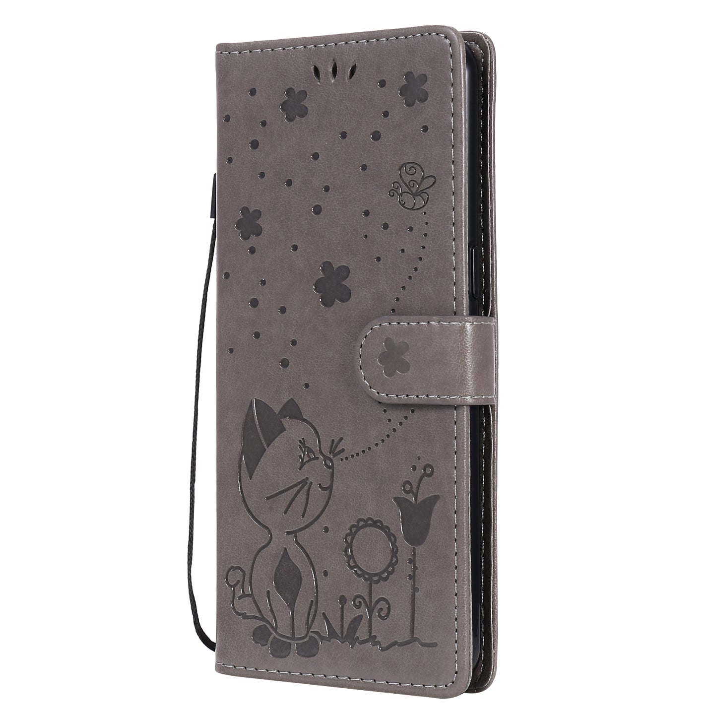 For OPPO F17 Pro Cat and Bee Embossed Flip Leather Phone Case Wallet Cover with Card Slots Cash Pocket Magnetic Stand Protective Shockproof TPU PU Leather Case with Wrist Strap
