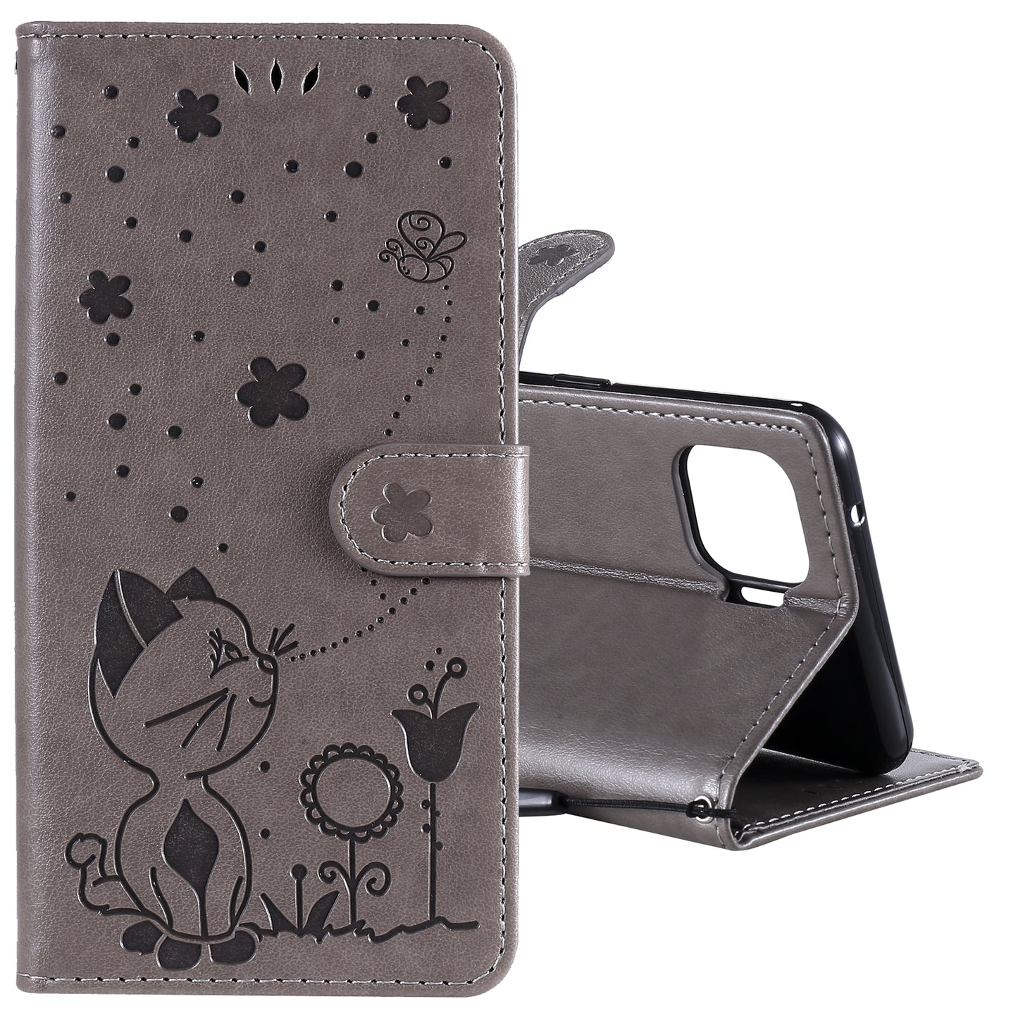 For OPPO Reno4 Lite Cat and Bee Embossed Flip Leather Phone Case Wallet Cover with Card Slots Cash Pocket Magnetic Stand Protective Shockproof TPU PU Leather Case with Wrist Strap