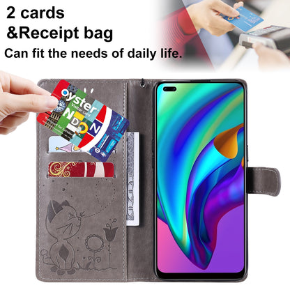For OPPO F17 Pro Cat and Bee Embossed Flip Leather Phone Case Wallet Cover with Card Slots Cash Pocket Magnetic Stand Protective Shockproof TPU PU Leather Case with Wrist Strap