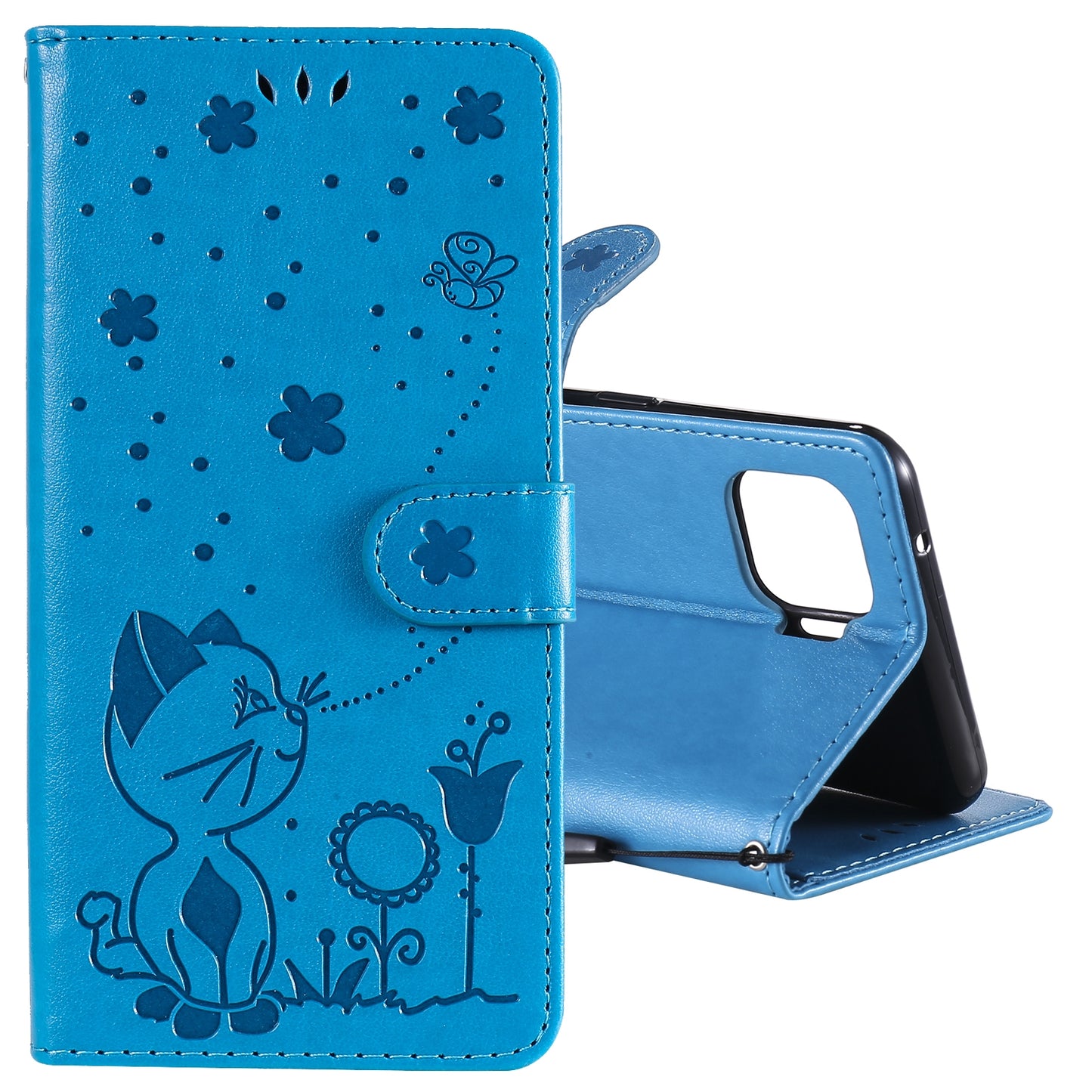 For OPPO F17 Pro Cat and Bee Embossed Flip Leather Phone Case Wallet Cover with Card Slots Cash Pocket Magnetic Stand Protective Shockproof TPU PU Leather Case with Wrist Strap